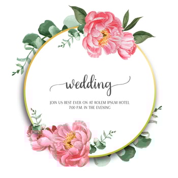 Pink Peony wreaths watercolor flowers with text ,florals aquarelle isolated on white background. Design decor for card wedding, invitation poster, banner. vector
