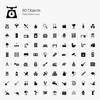 80 Objects Pixel Perfect Icons.  vector