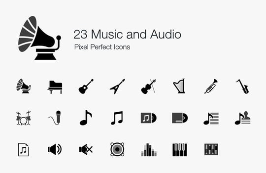 23 Music and Audio Pixel Perfect Icons.  vector