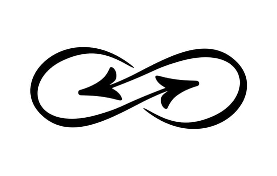 Infinity Vector illustration symbol arrows. Hand drawn ink brush. Thin line scribble icon. Modern doodle outline. Cycle endless life concept. Graphic design element for card logo and tattoo