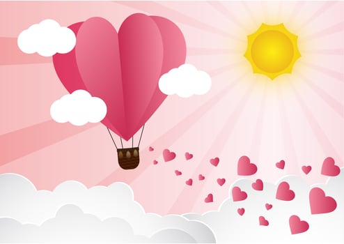 love and valentine day,Origami made hot air balloon flying over cloud with heart float on the sky.paper art style. vector