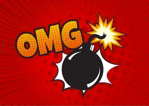Bomb in pop art style and comic speech bubble with text - BOOM Cartoon dynamite at background with dots halftone and sunburst. vector