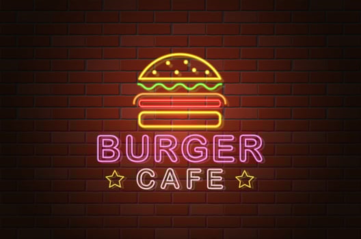 glowing neon signboard burger cafe vector illustration