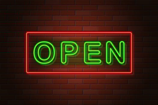 glowing neon signboard open vector illustration