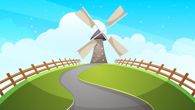 Mill, fence, road - cartoon illustration.  vector