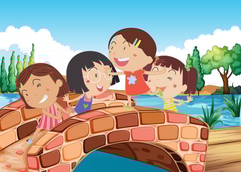 Little girls playing at the bridge vector