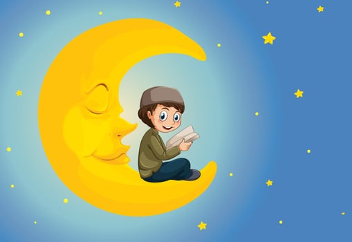 A muslim boy reading on the moon vector