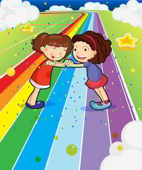 Two girls holding their hands at the colorful road vector