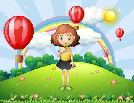 A girl eating an ice cream at the hilltop with hot air balloons vector