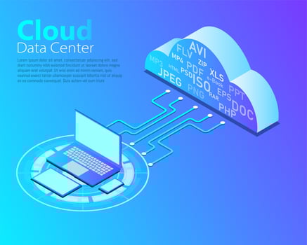 Vector of cloud data center, cloud computing technology, isometric design, network configuration.