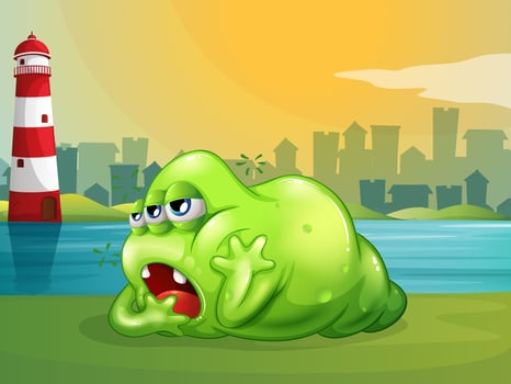 A fat green monster across the lighthouse vector