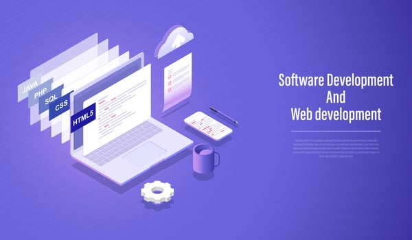 Software development and Web development isometric concept, programming language coding Vector. vector