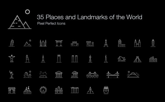 35 Places and Landmarks of the World Pixel Perfect Icons Line Style Shadow Edition. vector