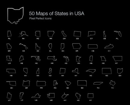 All 50 USA States Map Pixel Perfect Icons Line Style Shadow Edition. vector