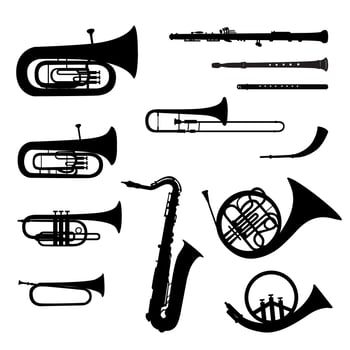 Music instruments set. Brass musical instrument silhouettes vector