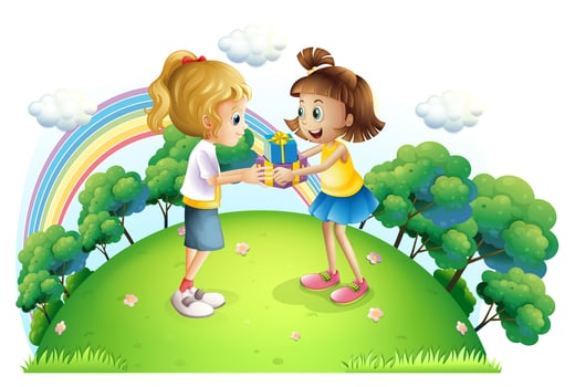 Two girls exchanging gifts at the hilltop vector