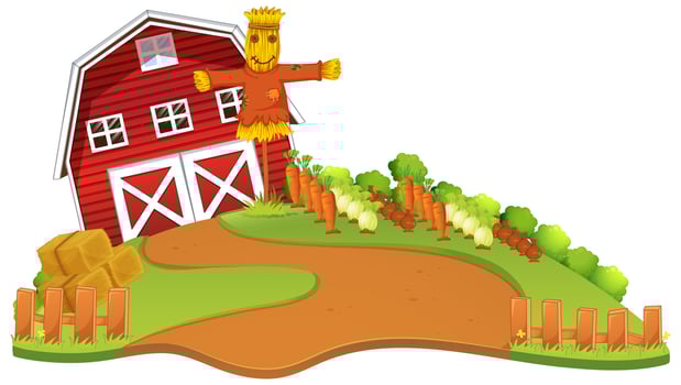 Farm scene with scarecrow and vegetables garden vector