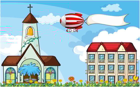 A balloon with an empty banner flying near the church vector