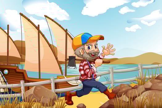 A smiling lumberjack walking with an axe vector