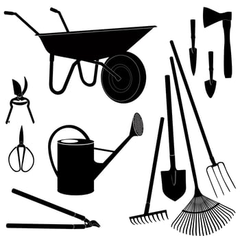 Gardening tools isolated. Garden equipment silhouette set. vector