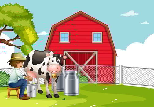 A farmer milking cow vector