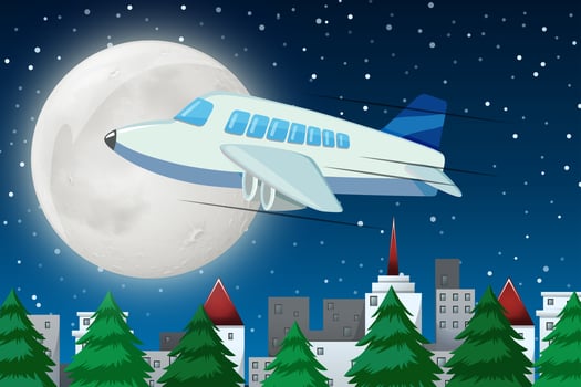Airplane flying over sky at night vector