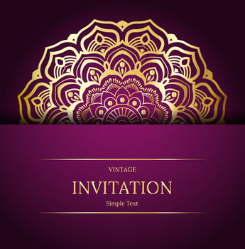 Elegant Save The Date card design. Vintage floral invitation card template. Luxury swirl mandala greeting card, gold, purple vector