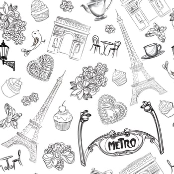 Travel Paris seamless pattern. Vacation in Europe wallpaper. vector