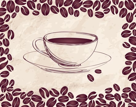 Coffee hot drink. Cafe card background. Coffee beans retro pattern. vector