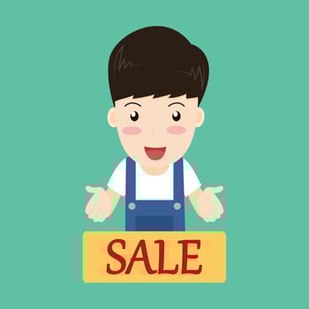 Happy character sellers presentation with sale sign - Vector illustration