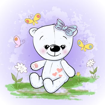 Postcard cute polar bear flowers and butterflies. Cartoon style vector