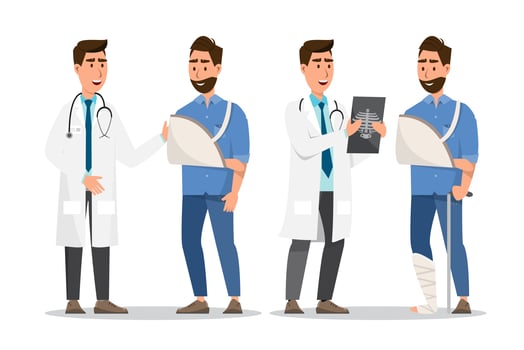 Set of sick people cartoon style. man broken hand and leg with doctor vector