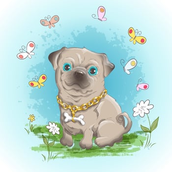 Illustration postcard cute little dog bulldog and butterflies. Print on clothes and children's room vector