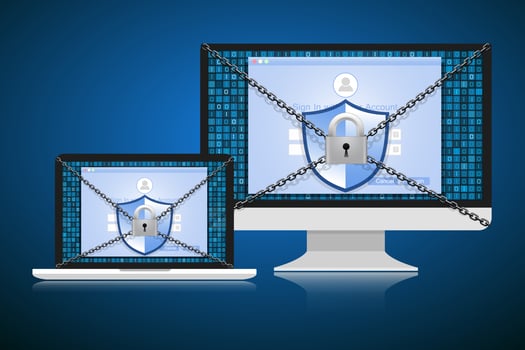 Concept is data security. Shield on computer or Labtop protect sensitive data. Internet security. Vector Illustration.