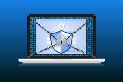 Concept is data security. Shield on Labtop protect sensitive data. Internet security. Vector Illustration.
