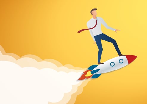 success in business start up businessman on rocket vector illustration