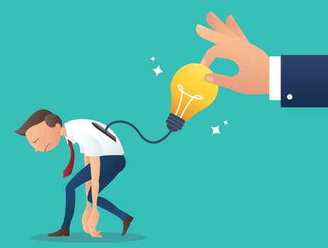 big hand trying to pick up light bulb, concept of steal work from colleague, plagiarism   vector illustration