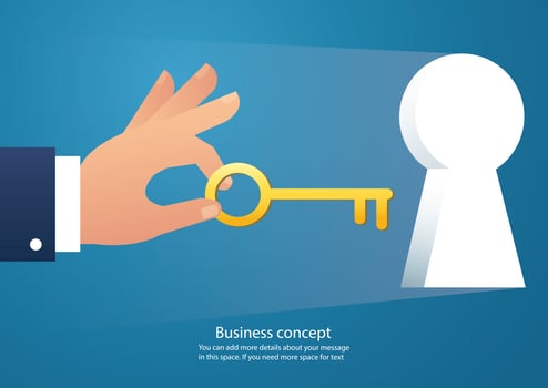 hand holding the big key into keyhole vector 
