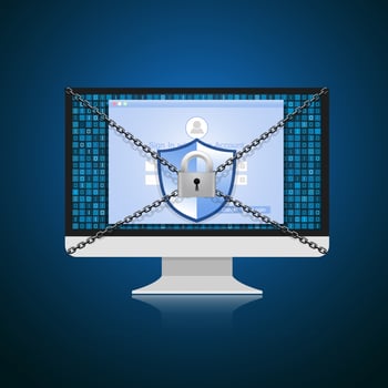 Concept is data security. Shield on computer protect sensitive data. Internet security. Vector Illustration.