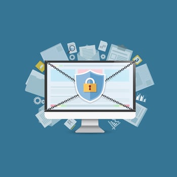 Concept is security data center .Shield on Computer Desktop  protect sensitive data. Internet security. Vector Illustration.