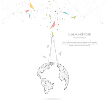 Global network connection, Low poly connecting dots and lines with world map background vector