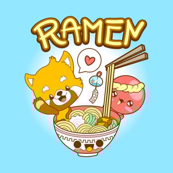 japan cute doodle red panda and octopus eat ramen vector