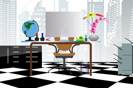 Business concept a desktop at office flat style with atrium buildings in transparent glass windows and can see through out to cityscape. vector
