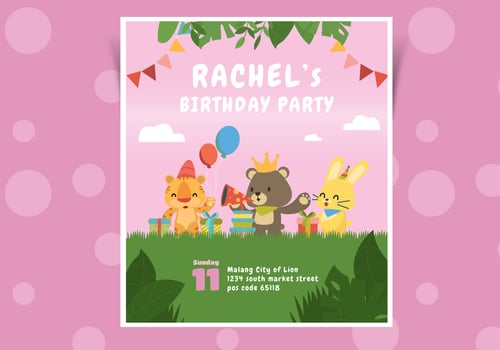 Cute Pink Birthday Invitation With Animal Character Vector Illustration