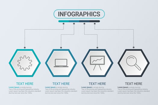 Four steps infographics. Workflow strategy or team work. Business hexagon template with options for brochure, diagram, workflow, timeline, web design vector