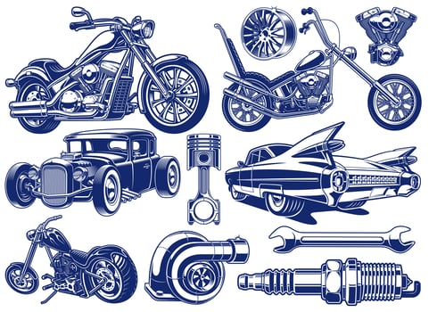 Black and white illustrations of transportation theme vector
