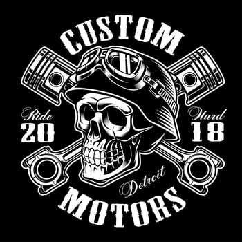 Biker skull with crossed pistons t-shirt design monochrome version vector