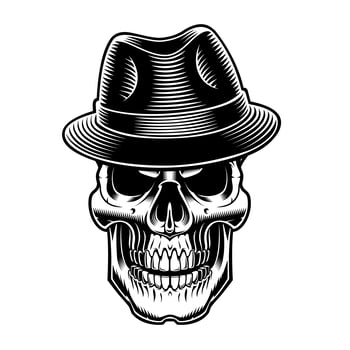 black and white illustration of vintage sull in hat. vector