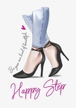 happy slogan with woman in high heels illustration vector