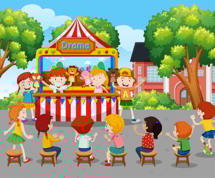 Children watching puppet show outside vector